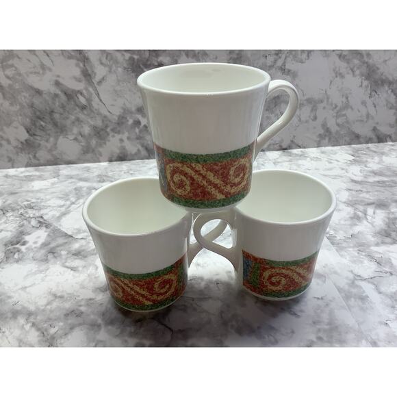 3 Corelle Sand Art Coffee Mugs. Coral, Blue & Green Geometric Design - Preowned - Picture 4 of 4